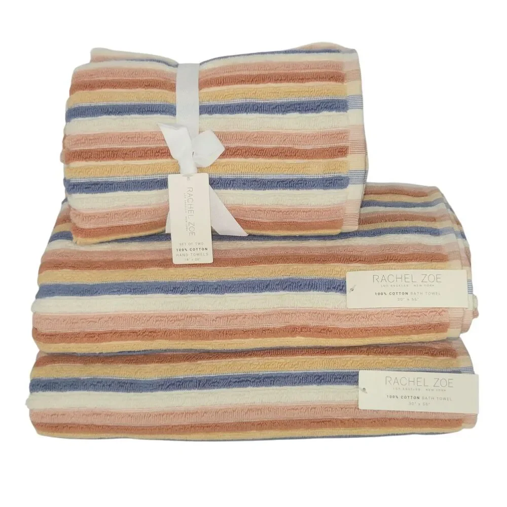 Rachel Zoe 4pc Cotton Bath Hand Towel Set Earthy Neutral Color Stripe Boho Fall